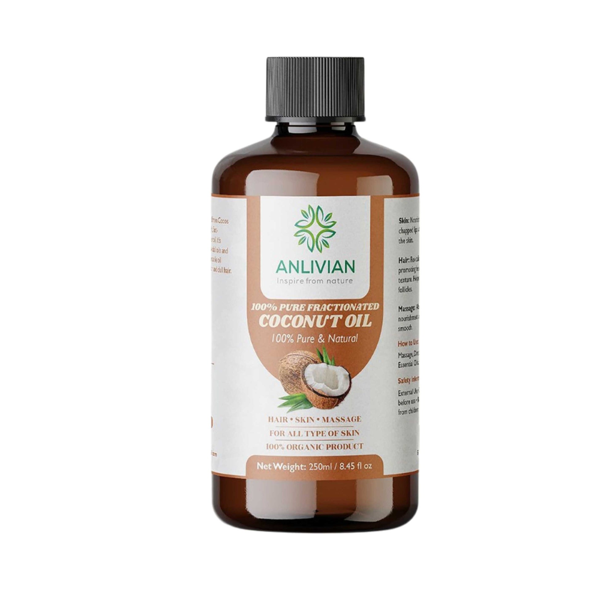 Bottle of Anlivian coconut oil on a white background