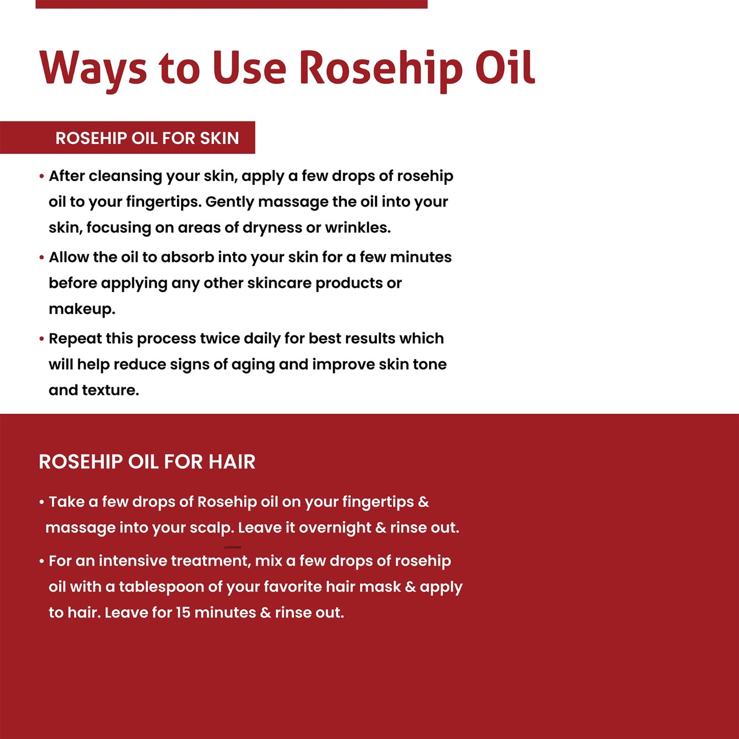 Instructions on using rosehip oil for skin and hair on a red and white background