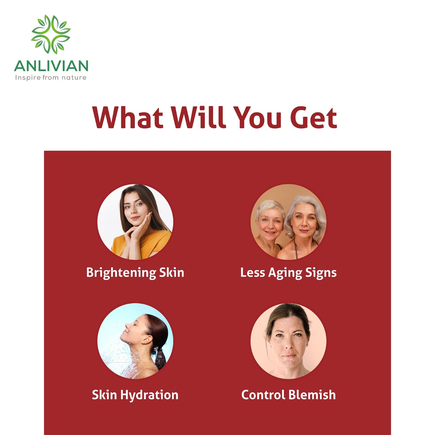 Anlivian skincare product advertisement with images of women and text on a red background