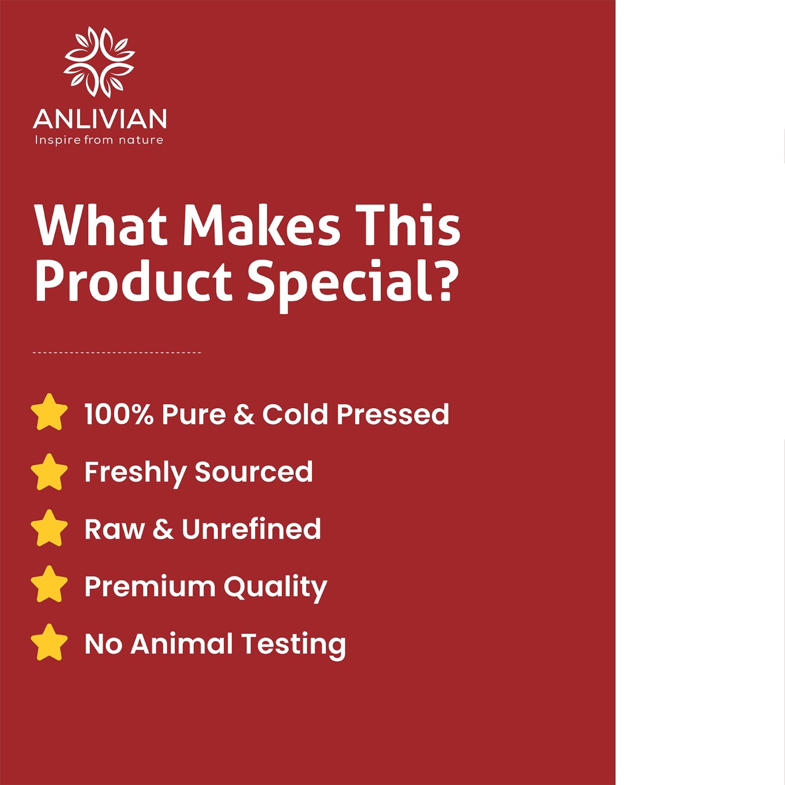 Anlivian product description card with features on a red background
