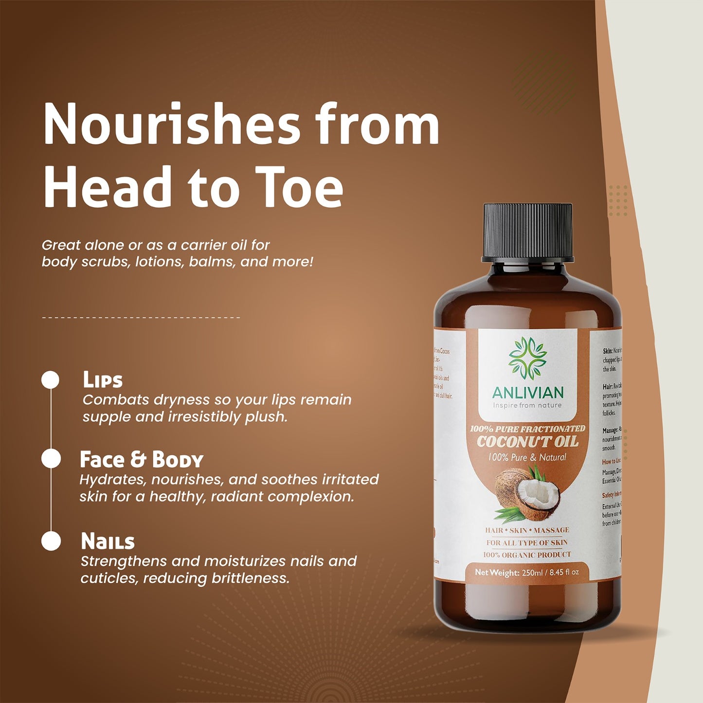 Promotional graphic for Anlivian 100% Pure Fractionated Coconut Oil (250ml). The headline reads: "Nourishes from Head to Toe." The text highlights benefits for Lips, Face & Body, and Nails.