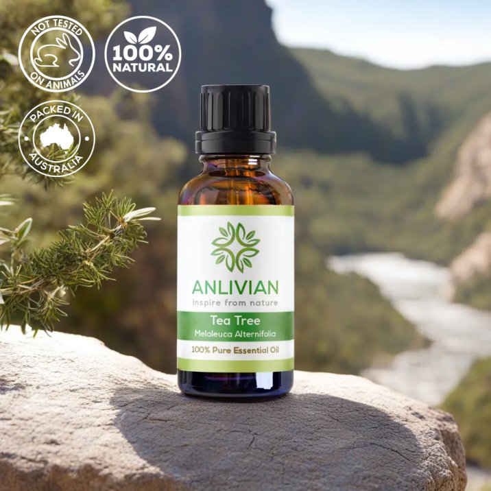 Anlivian Tea Tree Essential Oil bottle on a rock with a leafy sprig and a blurred mountain background. Icons confirm the product is Not Tested on Animals, 100% Natural, and Packed in Australia.