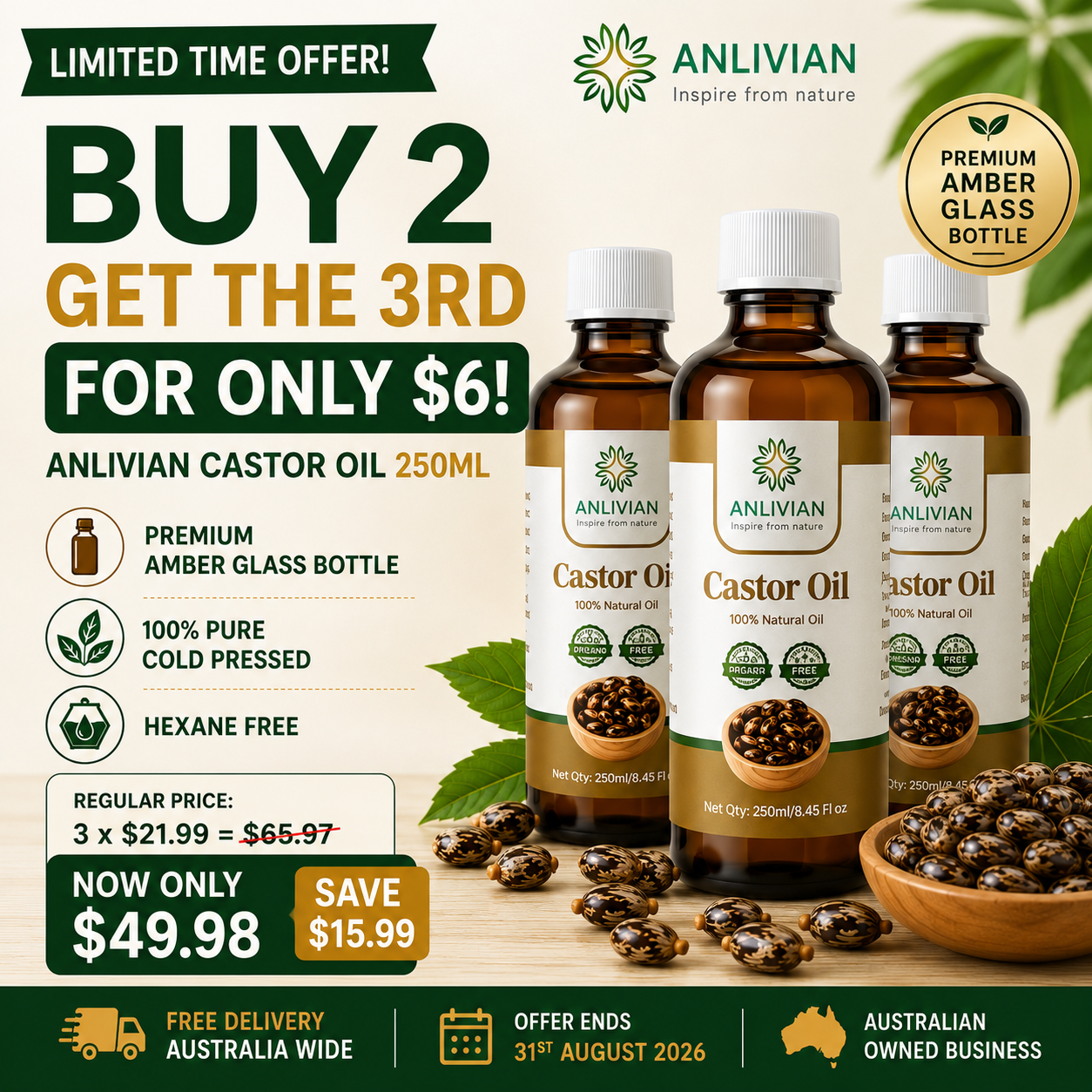 Castor Oil 250Ml Amber Glass Bottle x 3
