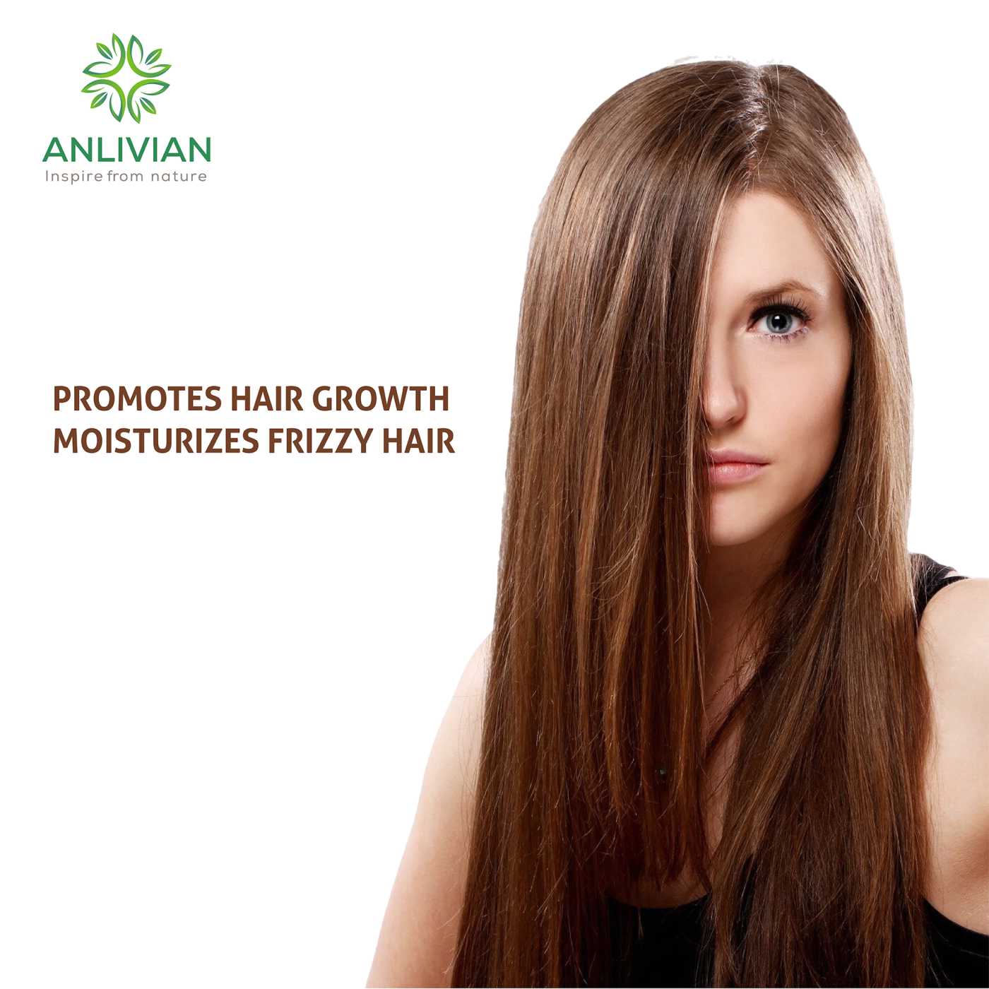 Woman with long, straight hair with Anlivian logo and text about hair care on a white background