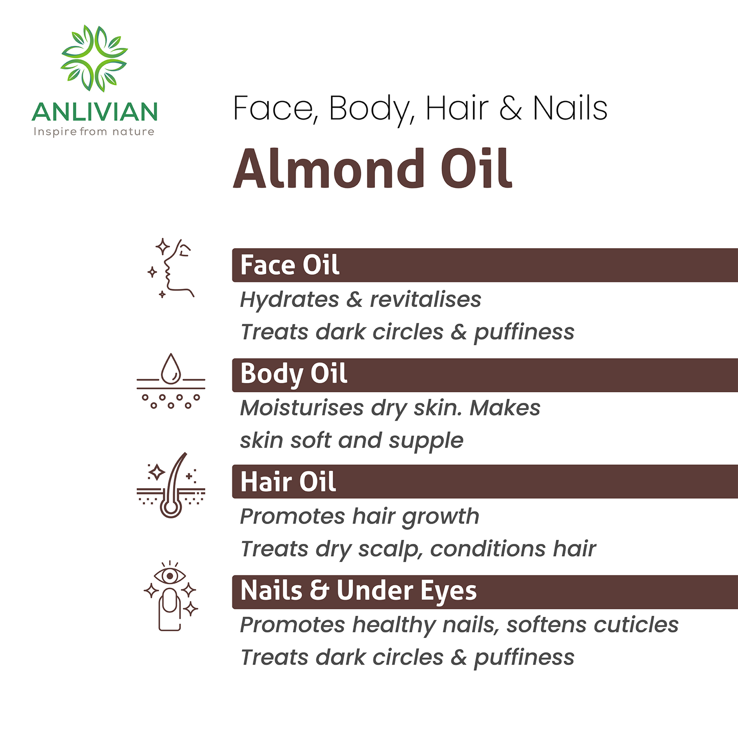 Pure and natural Almond Oil extract with benefits for face, body, hair, and nails.