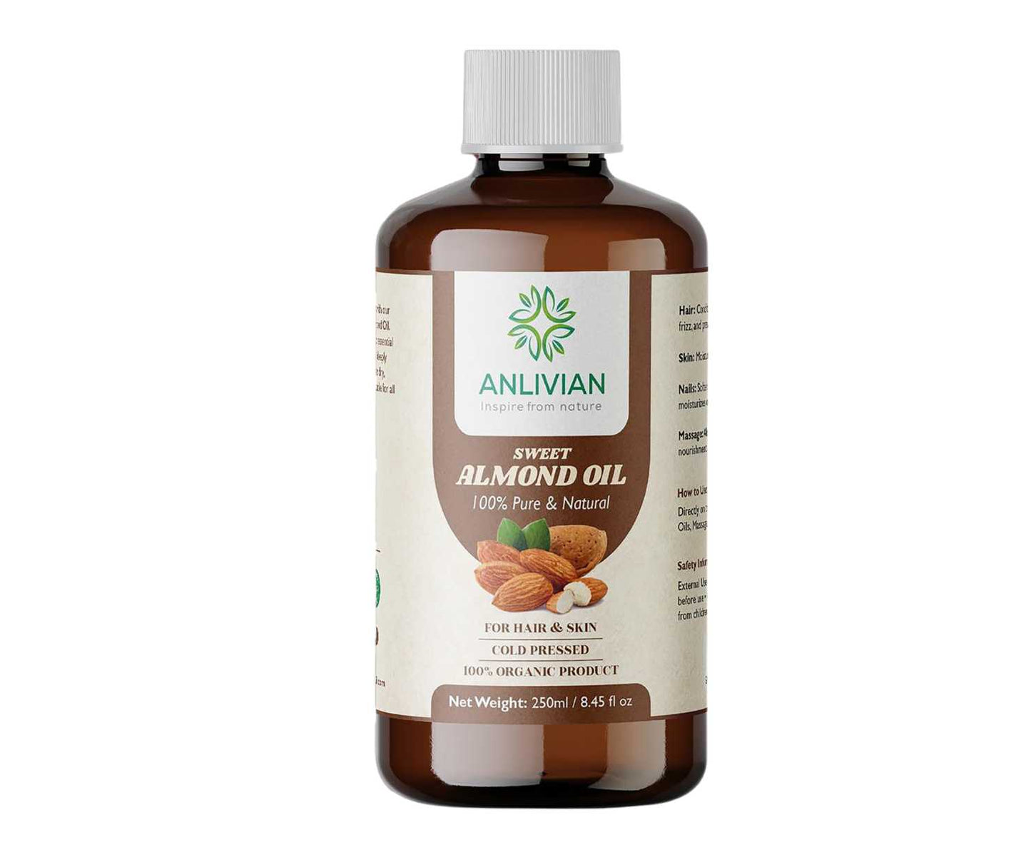 Bottle of Anlivian Sweet Almond Oil on a white background