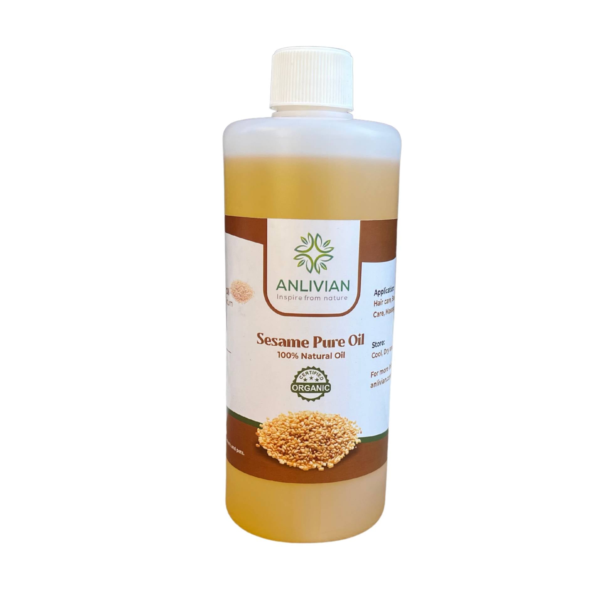 Bottle of Anlivian Sesame Pure Oil on a white background