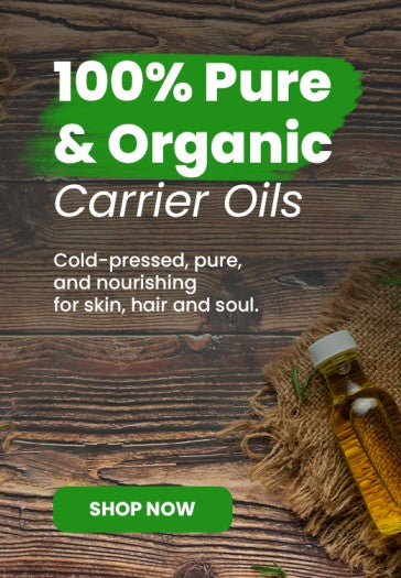 100% Pure & Organic Carrier Oils with a "Shop Now" button, featuring a bottle of oil on a rustic wooden background.