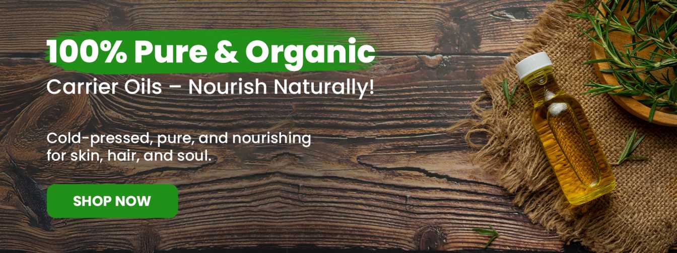 Advertisement for 100% pure and organic carrier oils on a wooden background with a bottle of oil and a leaf.