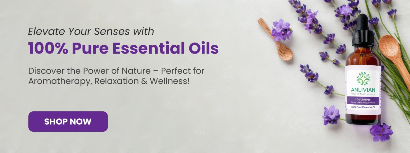Essential oil bottle with lavender flowers on a light background, promoting 100% pure essential oils.