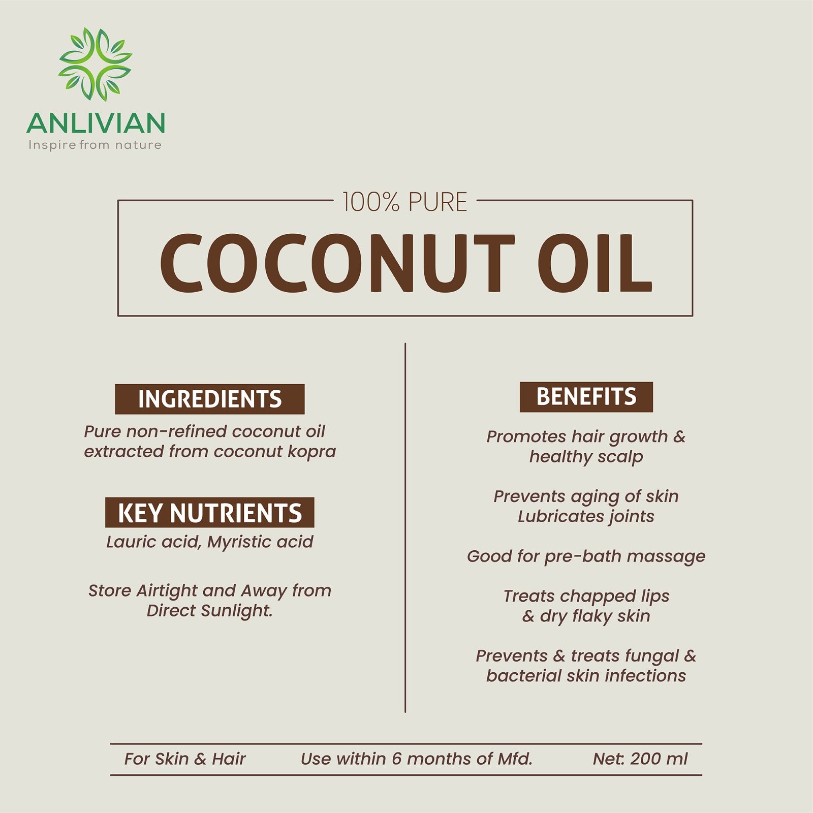 Anlivian coconut oil packaging with ingredients, benefits, and storage instructions.