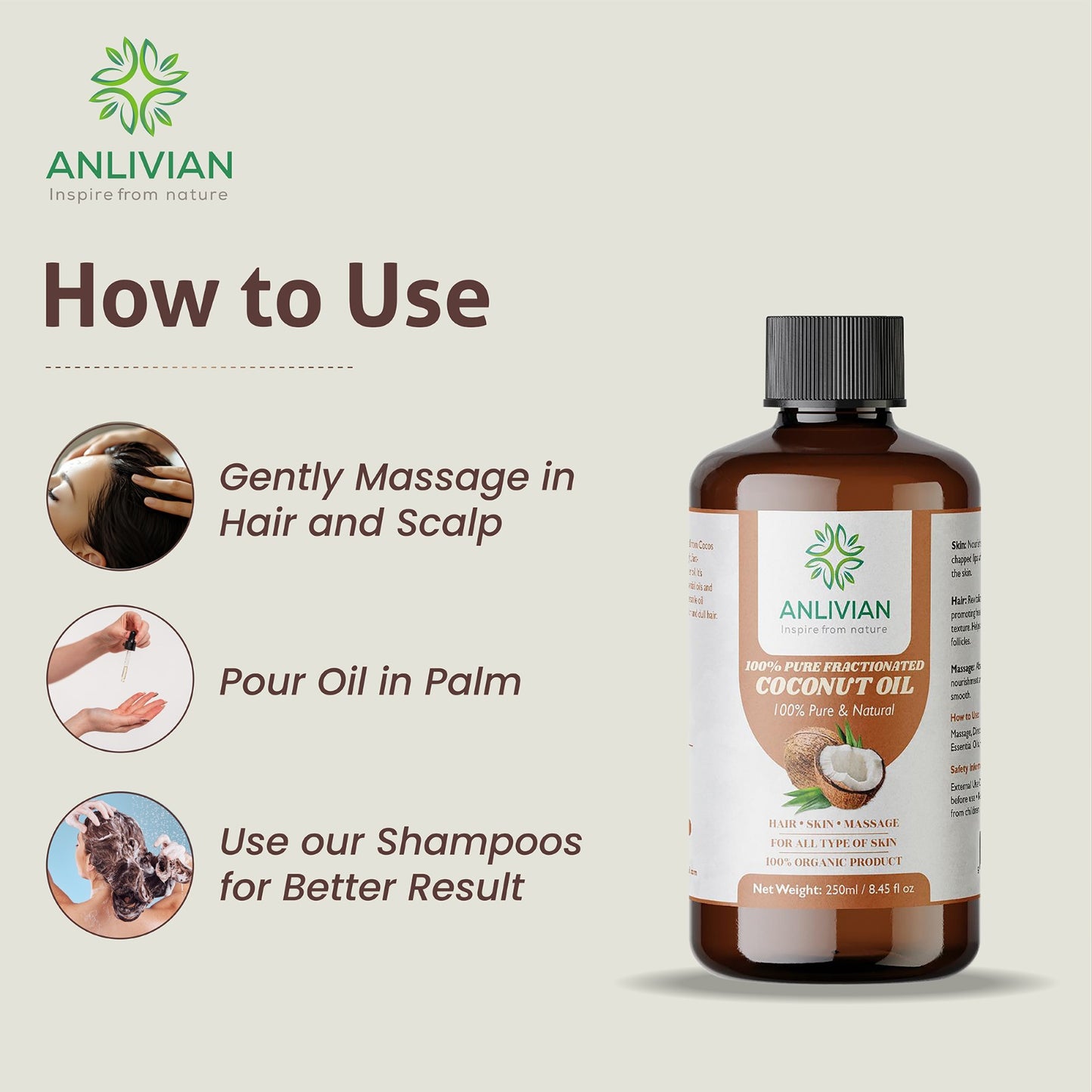 Anlivian coconut oil bottle with usage instructions on a light beige background