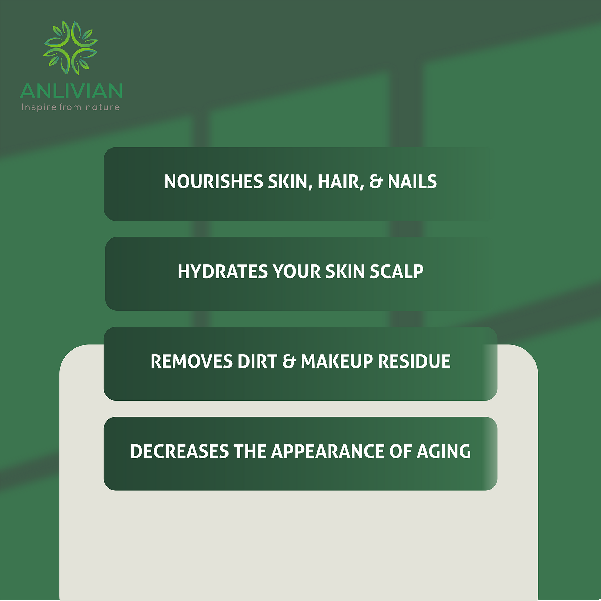 Anlivian Organic jojoba oil applied to skin for hydration, facial massage, hair scalp, and nails.