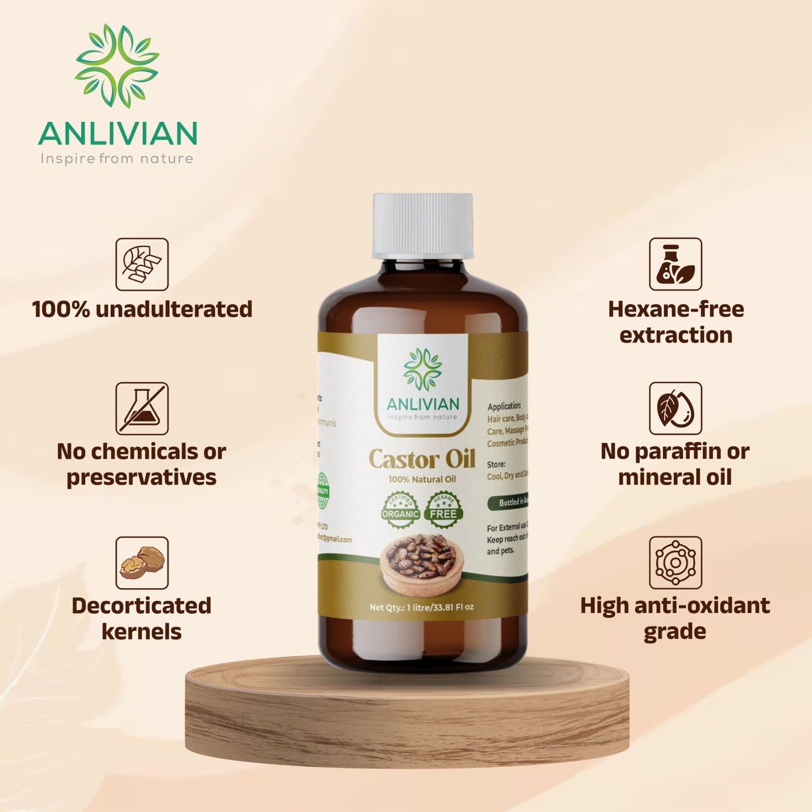 Graphic featuring a 1 litre / 33.81 fl oz bottle of Anlivian Castor Oil (100% Natural Oil, Organic, Free) on a wooden pedestal.
