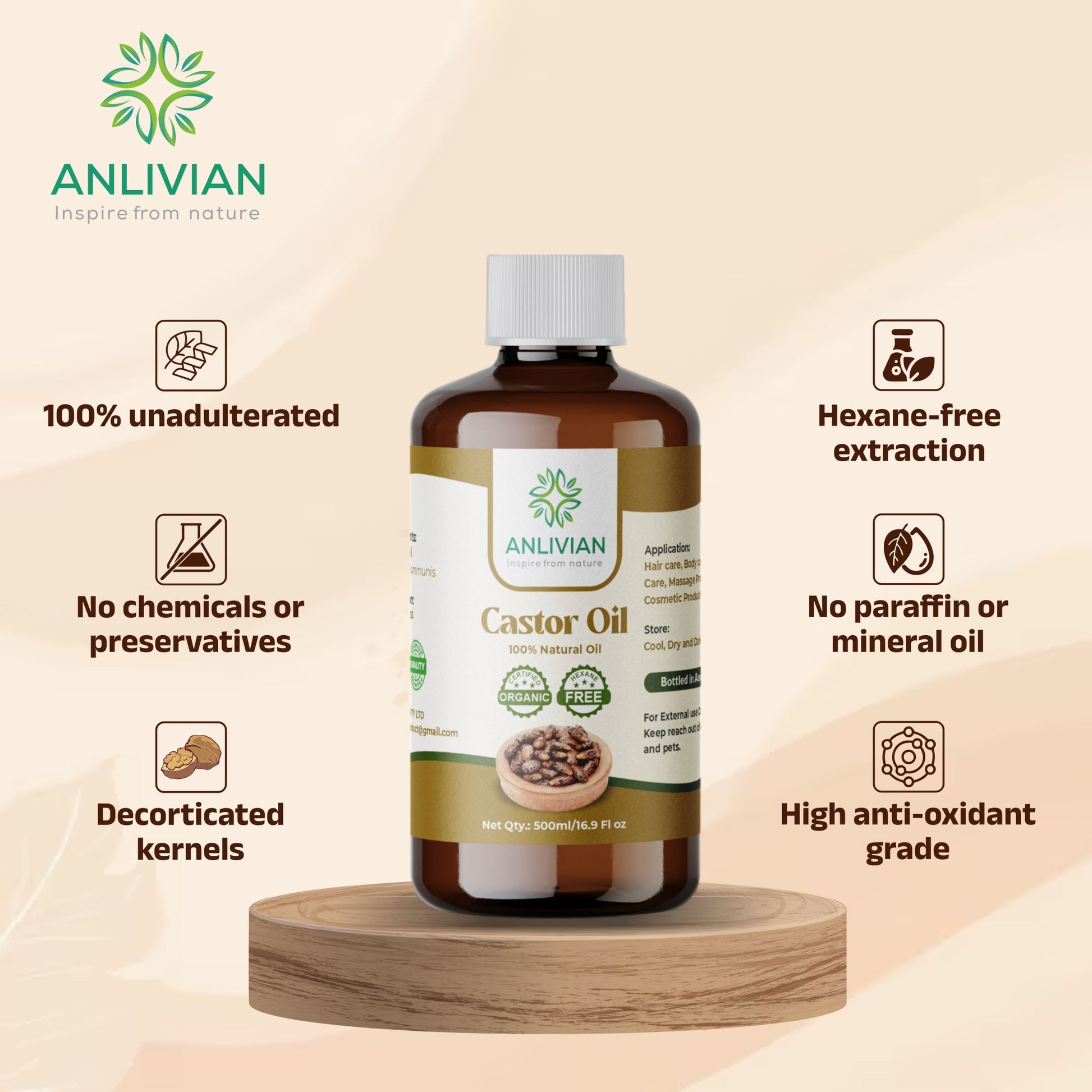 Graphic featuring a 500ml/16.9 Fl oz bottle of Anlivian Castor Oil (100% Natural Oil, Organic, Free) resting on a wooden display pedestal.