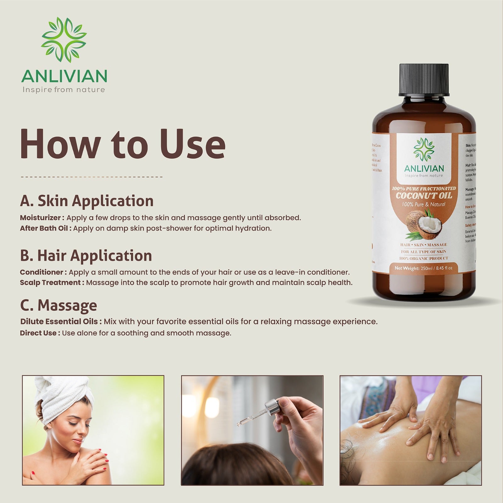 Instructional graphic titled "How to Use" for Anlivian Fractionated Coconut Oil. The text details application methods for Skin Application, Hair Application, and Massage, with corresponding photo examples below.