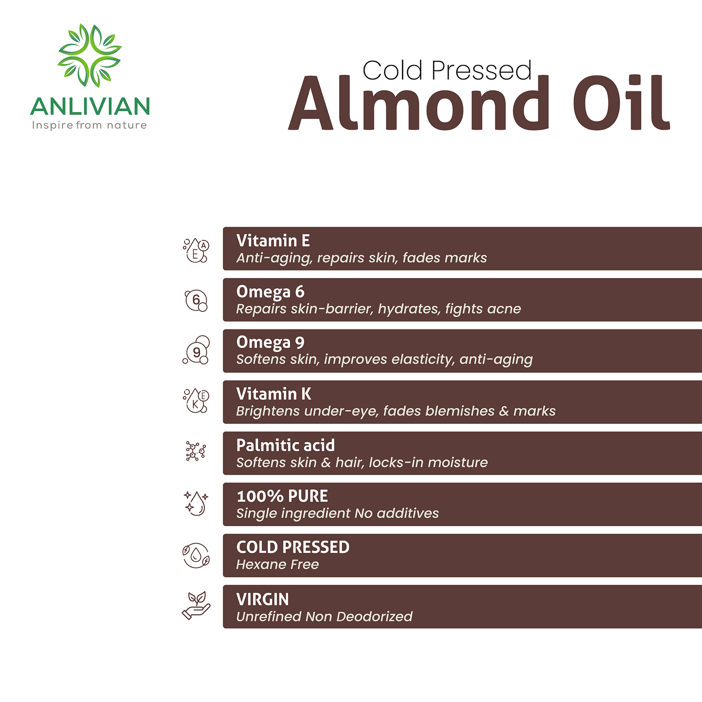 Informational graphic for Cold Pressed Almond Oil from Anlivian. The list highlights the contents and benefits