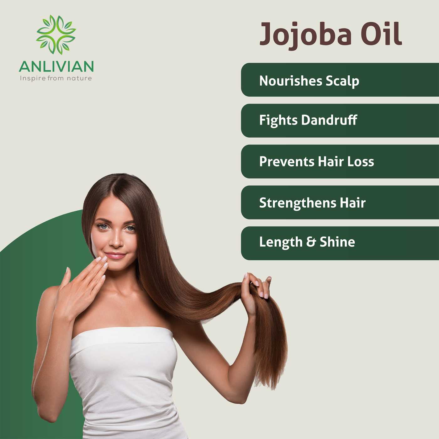 image showing a smiling woman with long, shiny brown hair. The graphic lists the hair benefits of Jojoba Oil: Nourishes Scalp, Fights Dandruff, Prevents Hair Loss, Strengthens Hair, and provides Length & Shine.