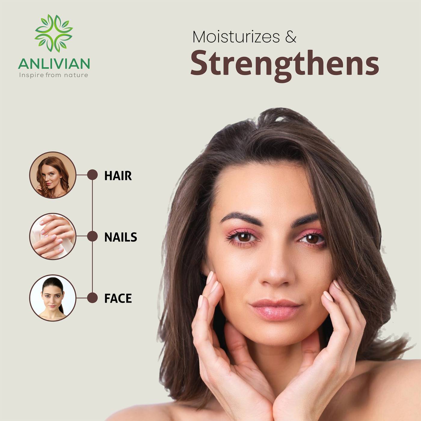 graphic featuring a woman touching her face. The text states the product "Moisturizes & Strengthens" and includes a diagram showing its application for Hair, Nails, and Face. The Anlivian logo is in the top left corner.