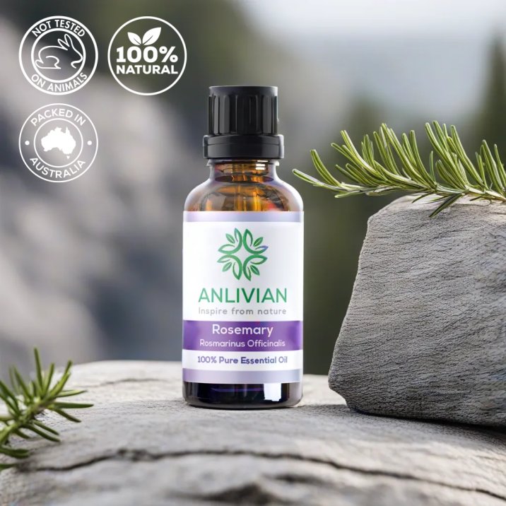 Anlivian Rosemary Essential Oil bottle on a grey rock with rosemary sprigs. Icons confirm the oil is Not Tested on Animals, 100% Natural, and Packed in Australia.