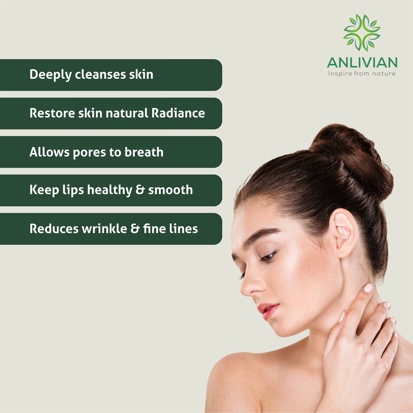 graphic featuring a woman touching her neck and looking down, with clear, radiant skin. The graphic lists product benefits