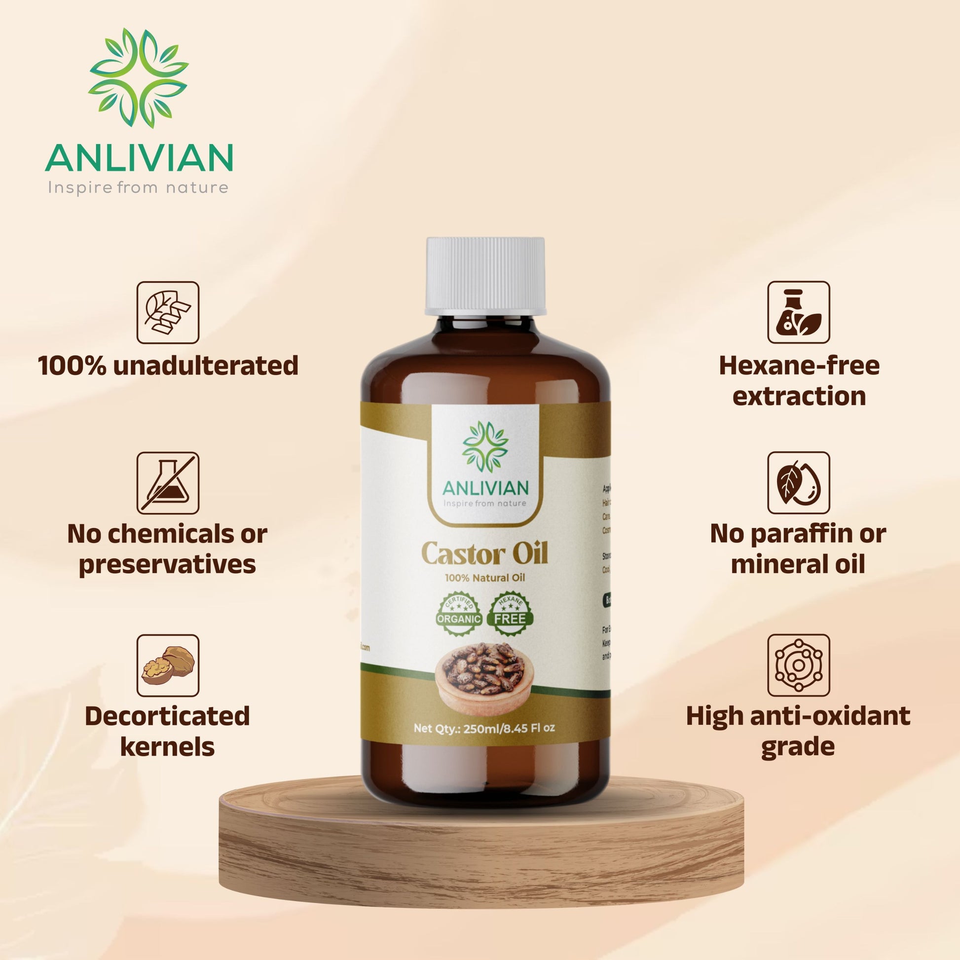 Graphic featuring a bottle of Anlivian Castor Oil (Net Qty: 250ml/8.45 Fl oz) resting on a wooden pedestal. The graphic lists product features: 100% unadulterated, Hexane-free extraction, No chemicals or preservatives, No paraffin or mineral oil, Decorticated kernels, and High anti-oxidant grade. The Anlivian logo is at the top left.