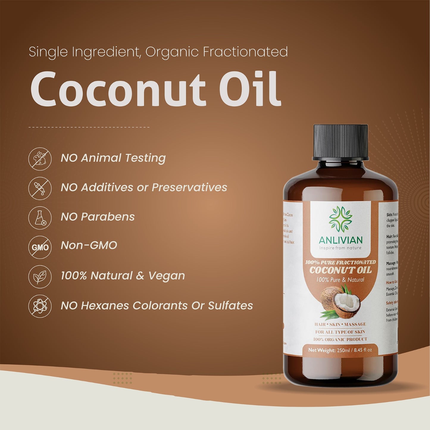Bottle of Anlivian coconut oil with product details on a brown background